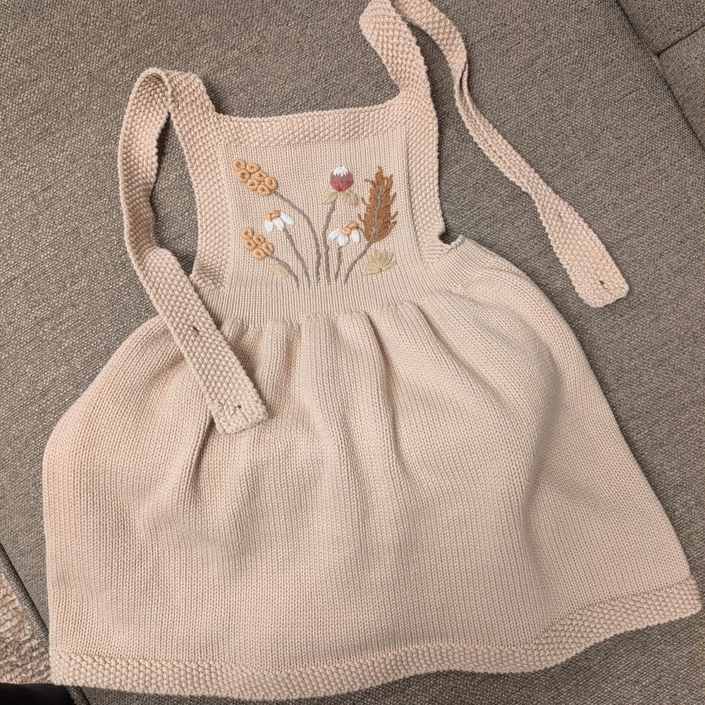Handmade Beige Knit Dress with Floral Embroidery